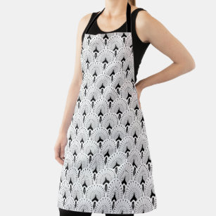 Black on white art-deco geometric pattern apron