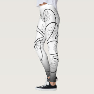 Black on White Chic heartS flower Pattern Leggings