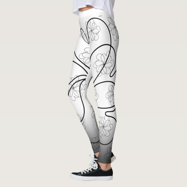 Black on White Chic heartS flower Pattern Leggings (Left)