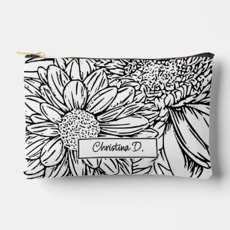 Black on White Chrysanthemums with Name Accessory Pouch