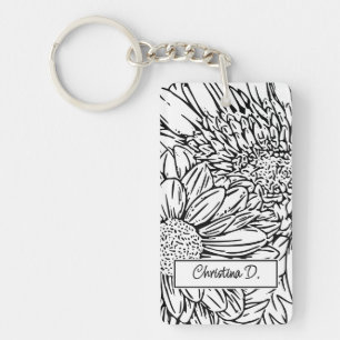 Black on White Chrysanthemums with Photo Key Ring