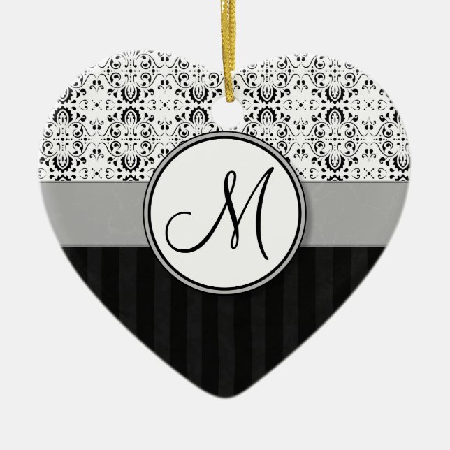 Black on White Damask and Stripes with Monogram Ceramic Tree Decoration (Front)