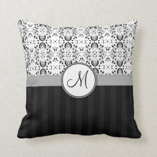 Black on White Damask and Stripes with Monogram Cushion