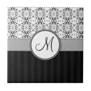 Black on White Damask and Stripes with Monogram Tile