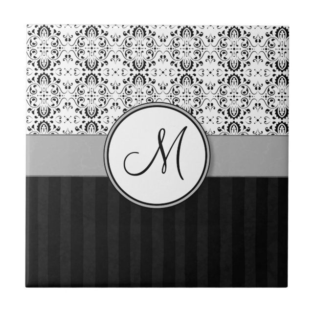 Black on White Damask and Stripes with Monogram Tile (Front)