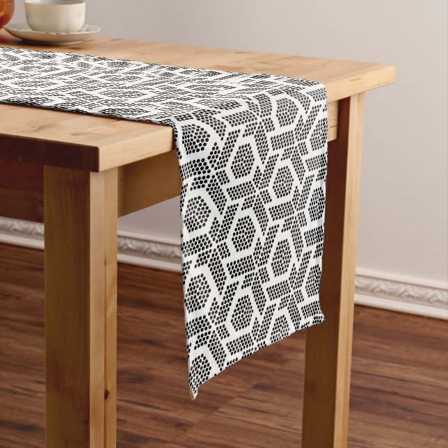 Black on white dots geometric pattern short table runner (In Situ)