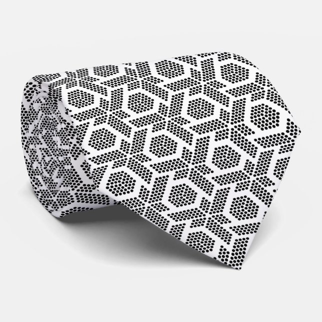 Black on white dotted geometric pattern neck tie (Rolled)