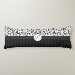 Black on White Floral Curls, Stripes & Monogram Body Cushion