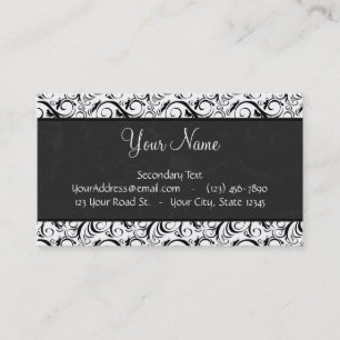 Black on White Floral Wisps, Stripes & Monogram Business Card