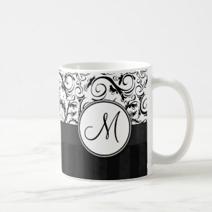 Black on White Floral Wisps, Stripes & Monogram Coffee Mug