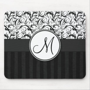 Black on White Floral Wisps, Stripes & Monogram Mouse Pad