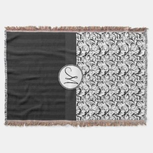 Black on White Floral Wisps, Stripes & Monogram Throw Blanket