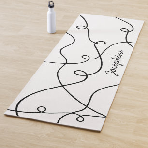 Black On White Geometric Loops Pattern And Name Yoga Mat