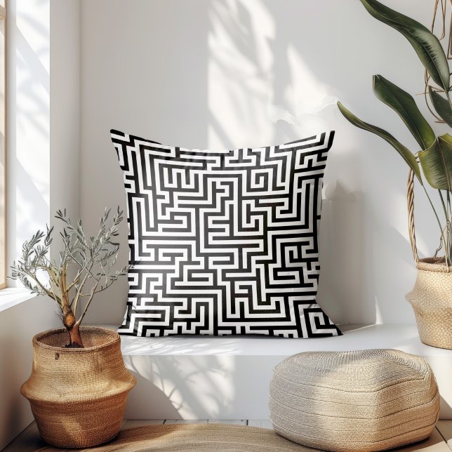 Black On White Geometric Maze Pattern Cushion (Creator Uploaded)
