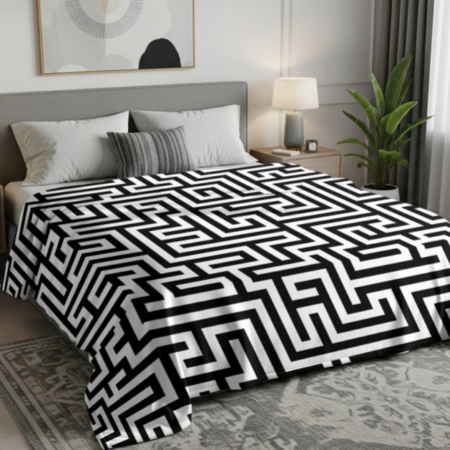 Black On White Geometric Maze Pattern Fleece Blanket (Creator Uploaded)