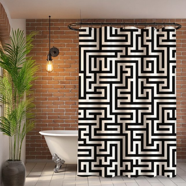 Black On White Geometric Maze Pattern Shower Curtain (Creator Uploaded)
