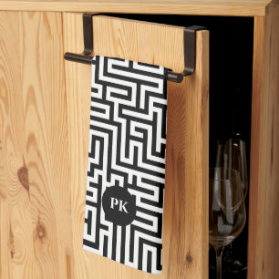 Black On White Geometric Maze Pattern Tea Towel