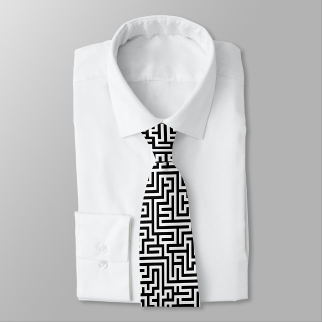 Black On White Geometric Maze Pattern Tie (Tied)