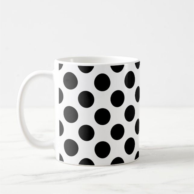 Black on White Large Size Polka Dots Pattern Coffee Mug (Left)