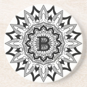 Black on white mandala monogram coaster