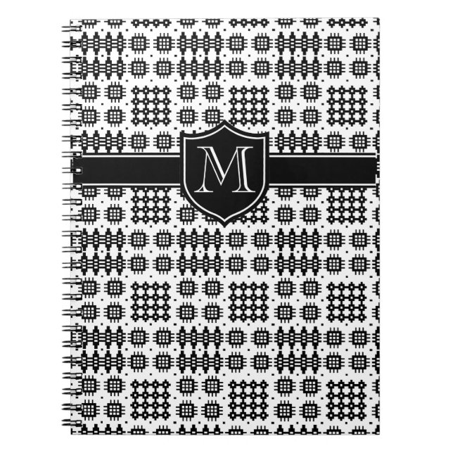 Black on White Monogrammed Welsh Faux Tapestry Notebook (Front)