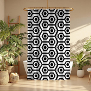 Black On White Octagon Geometric Pattern Shower Curtain