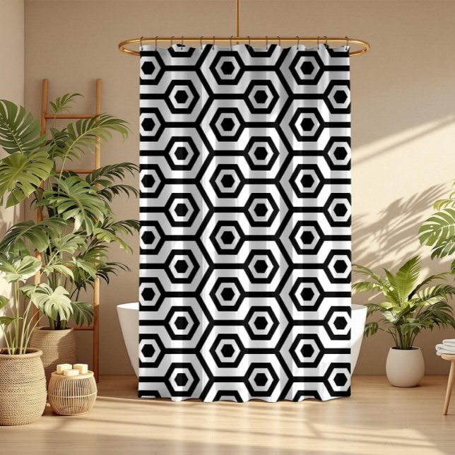 Black On White Octagon Geometric Pattern Shower Curtain (Creator Uploaded)