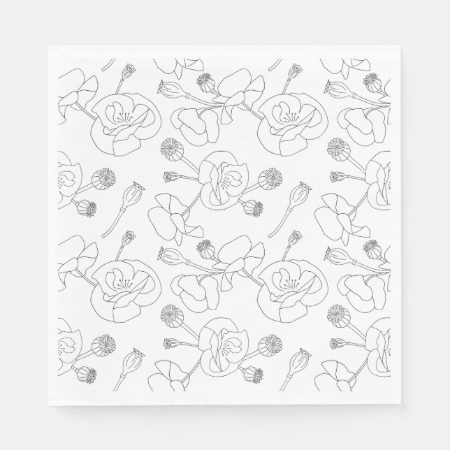 Black on White Poppies Napkin (Front)