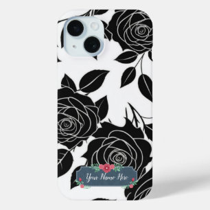 Black on White Rose Flower Pattern iPhone 15 Case