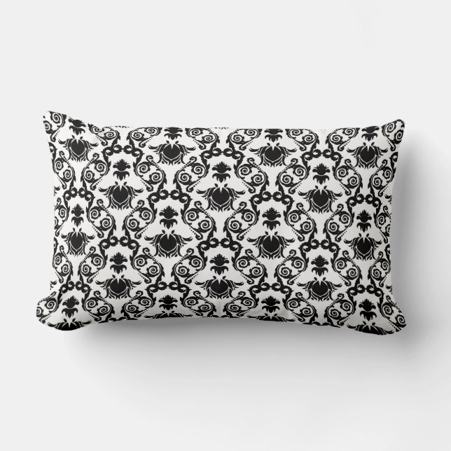 Black on White Tulip Damask Pattern Lumbar Cushion (Front)
