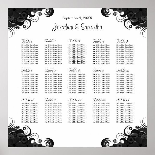 Black on White Wedding 15 Tables Seating Charts (Front)
