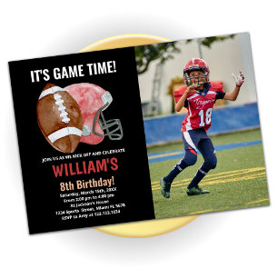 Black One Red Football Birthday With Photo Invitation