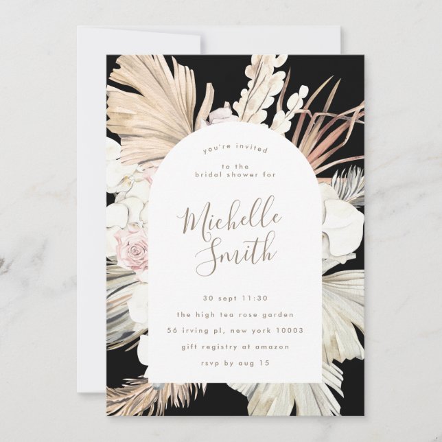 Black Onyx Modern Pampas Boho Desert Bridal Shower Invitation (Front)