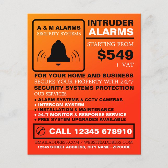 Black & Orange Alarm Logo, Security Alarm Service Flyer (Front)