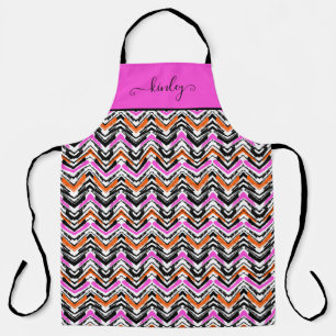 Black, Orange, And Pink Hand Drawn Chevron Pattern Apron