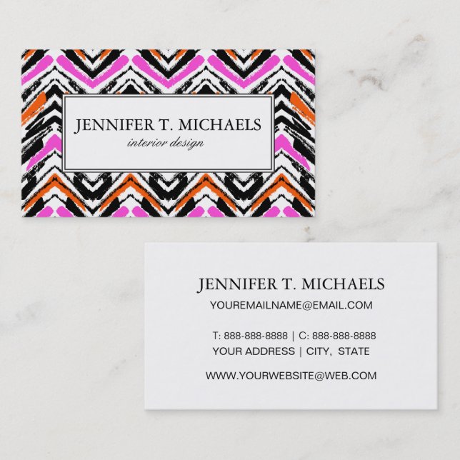 Black, Orange, And Pink Hand Drawn Chevron Pattern Business Card (Front/Back)