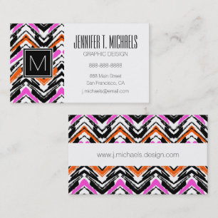 Black, Orange, And Pink Hand Drawn Chevron Pattern Business Card