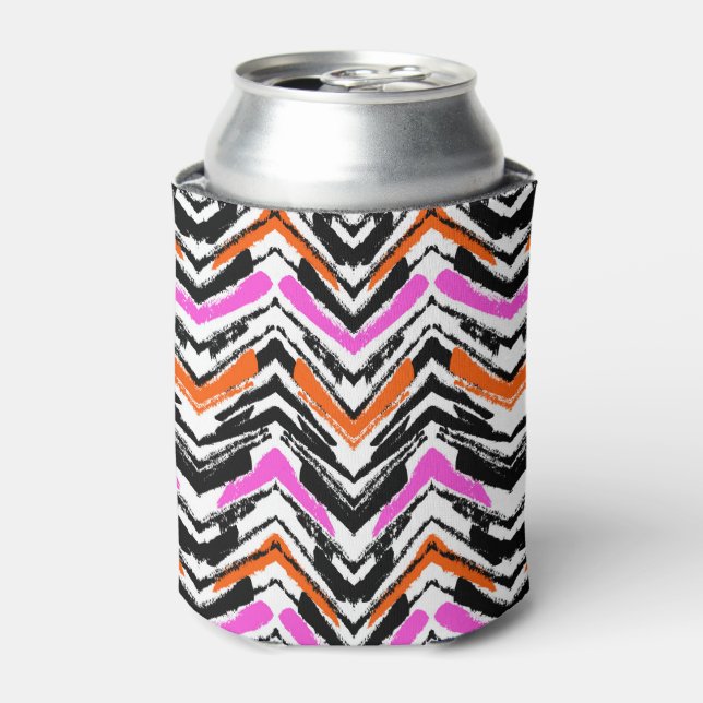 Black, Orange, And Pink Hand Drawn Chevron Pattern Can Cooler (Can Front)