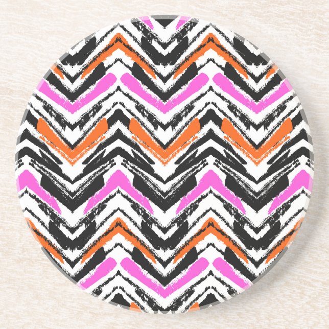 Black, Orange, And Pink Hand Drawn Chevron Pattern Coaster (Front)