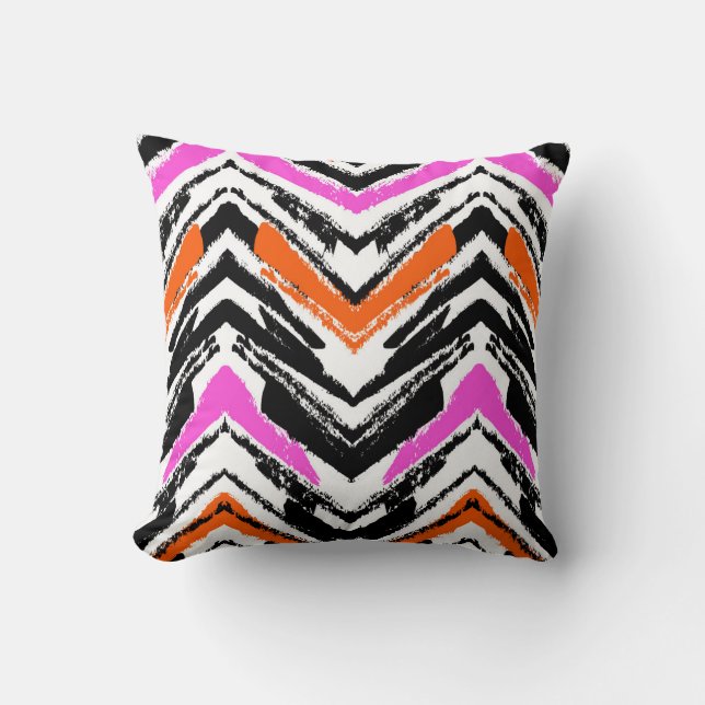 Black, Orange, And Pink Hand Drawn Chevron Pattern Cushion (Front)