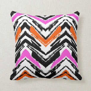 Black, Orange, And Pink Hand Drawn Chevron Pattern Cushion