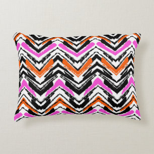 Black, Orange, And Pink Hand Drawn Chevron Pattern Decorative Cushion