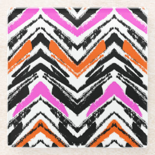 Black, Orange, And Pink Hand Drawn Chevron Pattern Glass Coaster