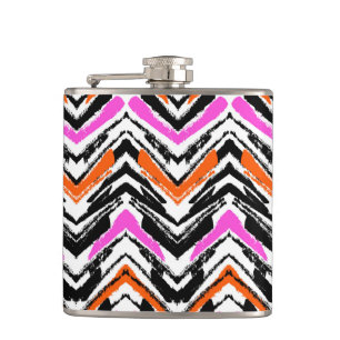 Black, Orange, And Pink Hand Drawn Chevron Pattern Hip Flask