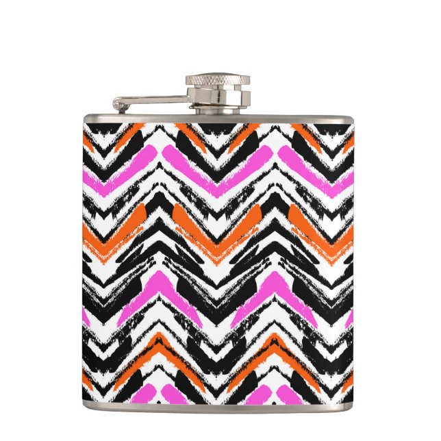 Black, Orange, And Pink Hand Drawn Chevron Pattern Hip Flask (Front)