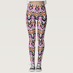 Black, Orange, And Pink Hand Drawn Chevron Pattern Leggings