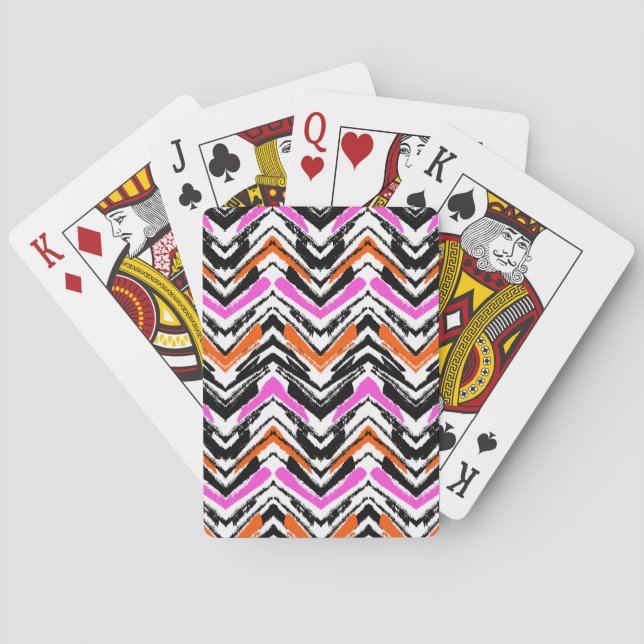 Black, Orange, And Pink Hand Drawn Chevron Pattern Playing Cards (Back)