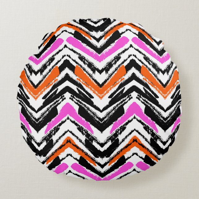 Black, Orange, And Pink Hand Drawn Chevron Pattern Round Cushion (Front)