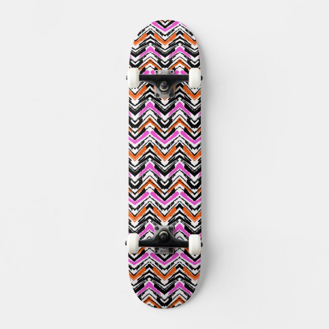 Black, Orange, And Pink Hand Drawn Chevron Pattern Skateboard (Front)