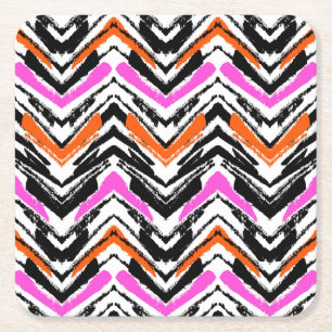 Black, Orange, And Pink Hand Drawn Chevron Pattern Square Paper Coaster